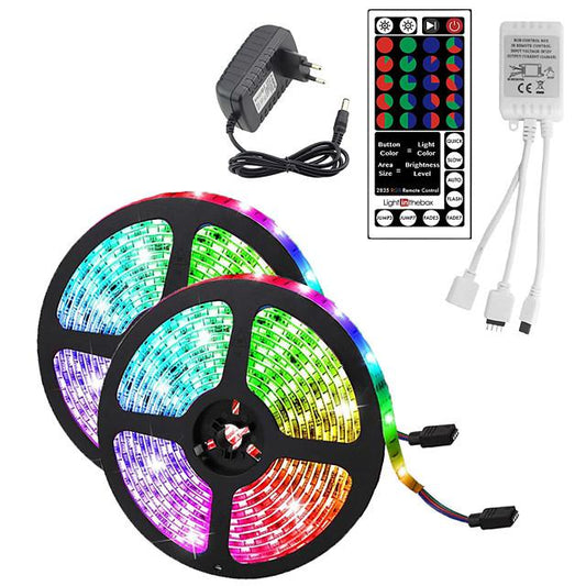 10M(2x5M) Waterproof Flexible LED Strip Lights RGB Tiktok Lights 2835 600LEDs 8mm 44Keys IR Remote Controller
