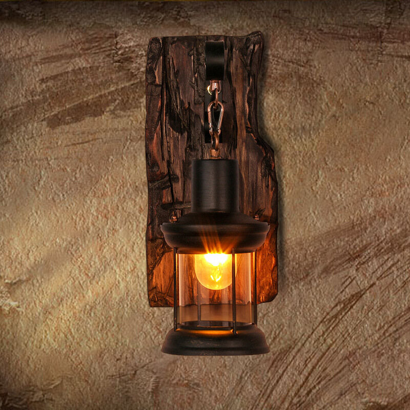 Outdoor Antique LED Loft Wall Lamp Wood Glass Restaurant Cafe Bar Sconces Vintage Industrial Retro Wall Sconce for Bedroom