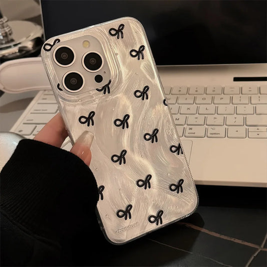 Luxury Laser Silver Bow knot Case for iPhone 17 16 15 Shockproof Bumper Fundas