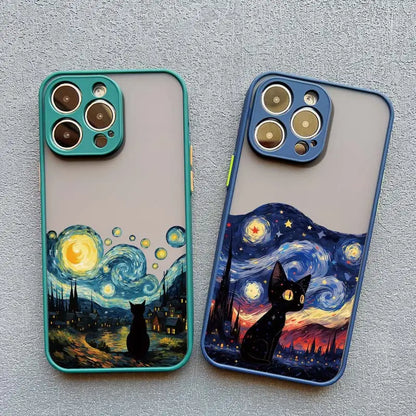Artistic Black Cat Starry Night Phone Case For iPhone 16 15 14 Shockproof Shells
