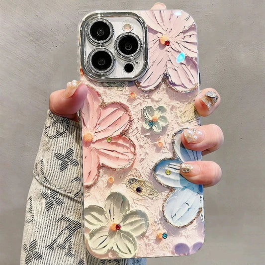 Flowers Glitter Laser Phone Case For iPhone 16 15 14 Soft Shockproof Lens Protection Cover