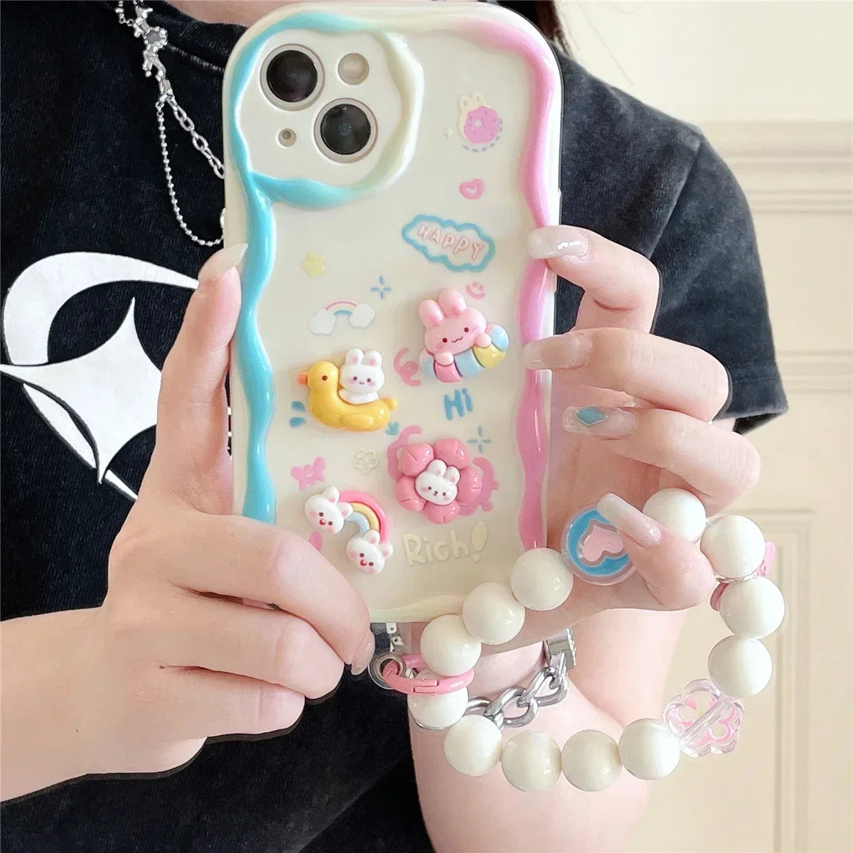 3D Bear Hang Phone Chain Lanyard Clear Soft Case For iPhone 16 15 14