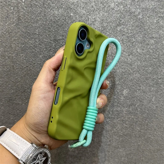 Luxury Wrinkle Matte Wrist Strap Case for iPhone 16 15 14 Lanyard Candy Solid Color Ripple Soft Silicone Cover