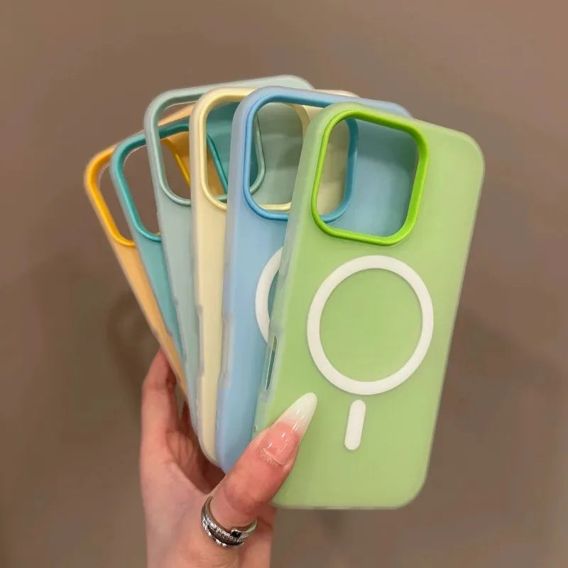 Luxury Candy Color 2 IN 1 Magsafe Case for iPhone 16 15 14 Magnetic Wireless Charge Matte Soft Cover