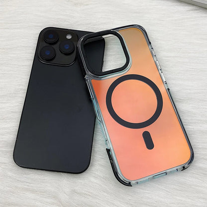Metal Lens Laser MagSafe Phone Case for iPhone 16 15 14 Frosted Translucent Wireless Charging Hard PC Cover