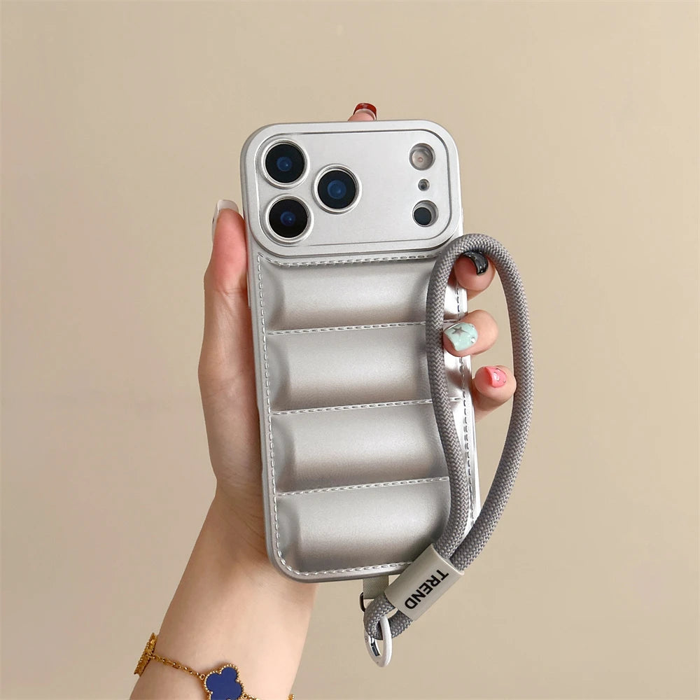Soft Down Jacket Silicone Case For iPhone 17 Shockproof Camera Protection Wrist Strap Cover
