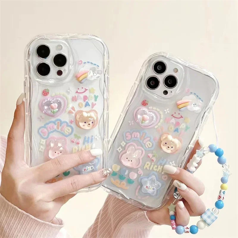 3D Bear Hang Phone Chain Lanyard Clear Soft Case For iPhone 16 15 14
