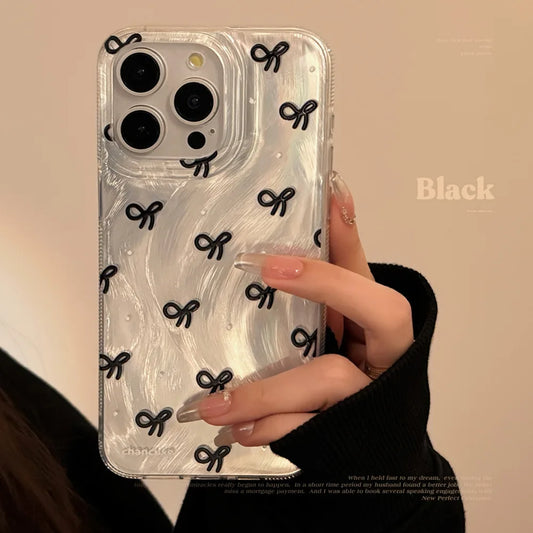 Luxury Laser Silver Bow knot Case for iPhone 17 16 15 Shockproof Bumper Fundas