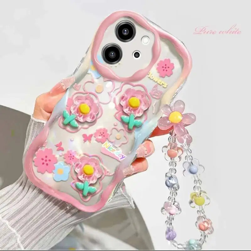 Korean 3D Cute Pink Flower Phone Chain Lanyard Case for Iphone 17 16 15