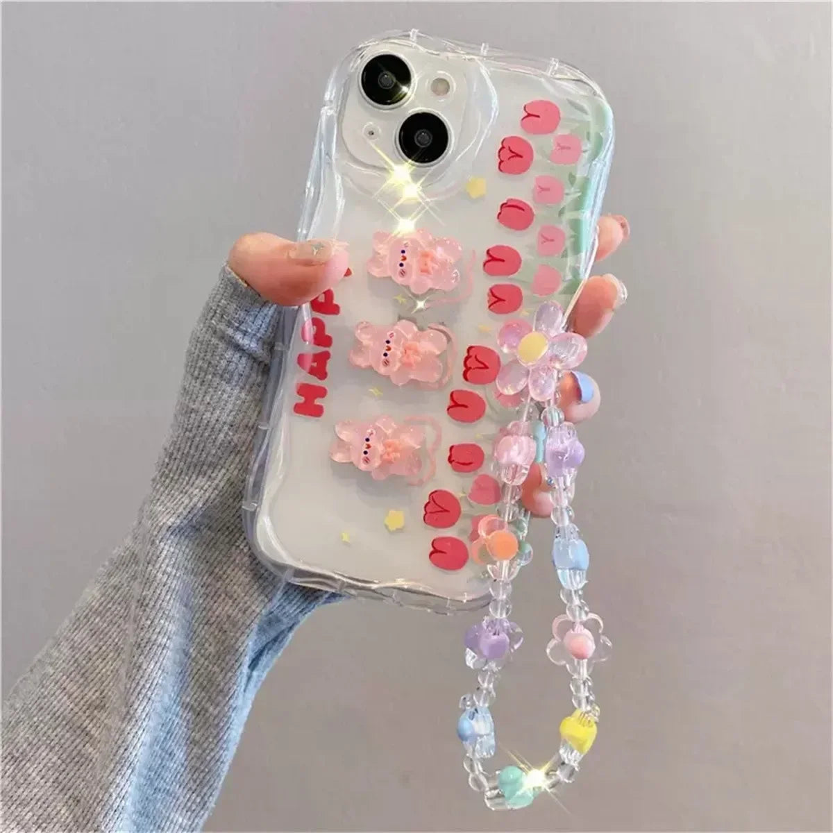 3D Bear Hang Phone Chain Lanyard Clear Soft Case For iPhone 16 15 14