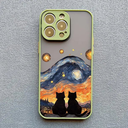Artistic Black Cat Starry Night Phone Case For iPhone 16 15 14 Shockproof Shells