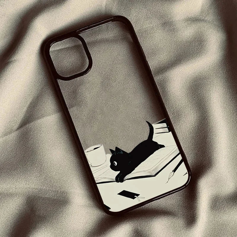 Cute Black Cat Pattern Hard Clear Phone Case For iPhone 16 15 14