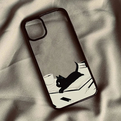 Cute Black Cat Pattern Hard Clear Phone Case For iPhone 16 15 14