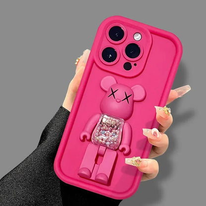Cute 3D Bear Bracket TPU Phone Case for iPhone 16 15 14 Silicone Shockproof Matte Cover