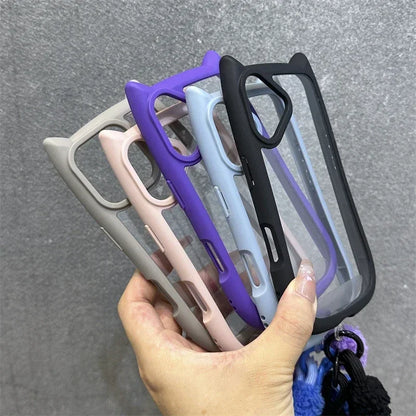 3D Cat Ear Cute Lanyard Magnetic Transparent Case For iPhone 16 15 14 Wristband Clear Magsafe Cover