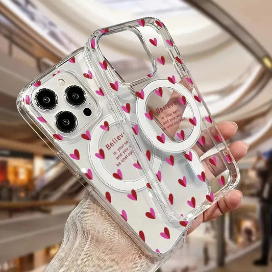 Cute Wine Red Little Love Heart Case For iPhone 17 16 15 Wireless Charge Magnetic Clear Cover