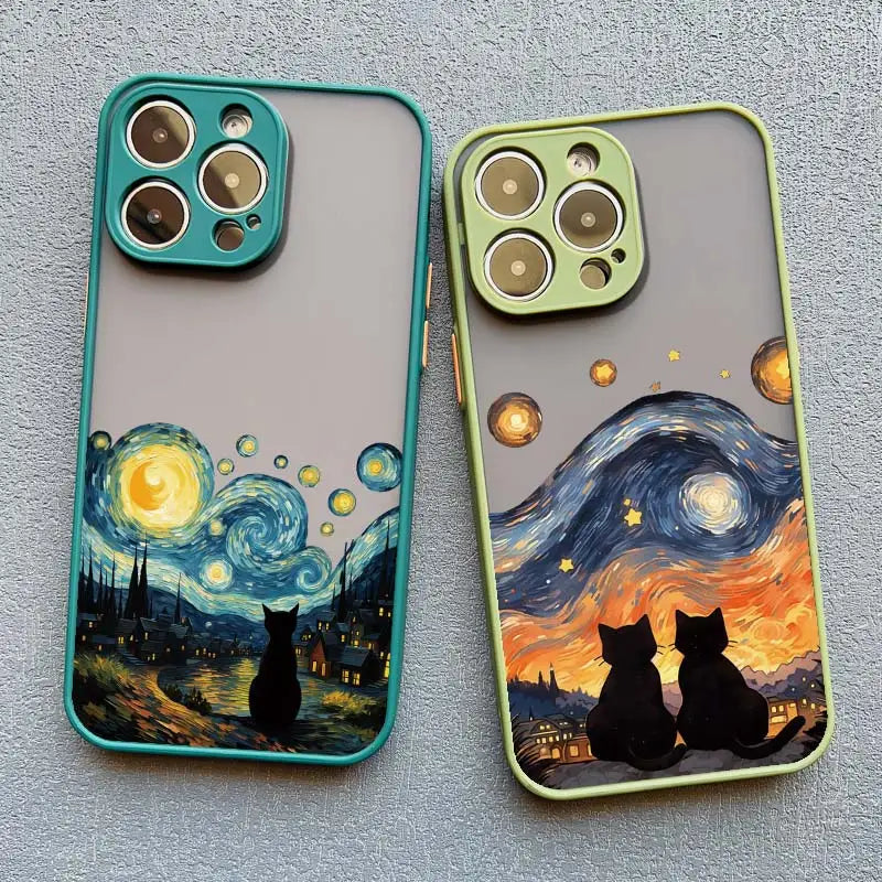 Artistic Black Cat Starry Night Phone Case For iPhone 16 15 14 Shockproof Shells