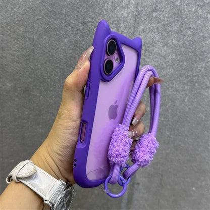 3D Cat Ear Cute Lanyard Magnetic Transparent Case For iPhone 16 15 14 Wristband Clear Magsafe Cover