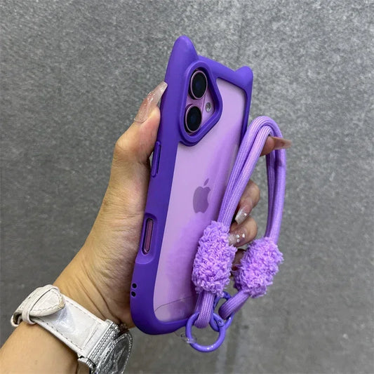 3D Cat Ear Cute Lanyard Magnetic Transparent Case For iPhone 16 15 14 Wristband Clear Magsafe Cover