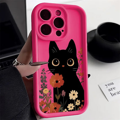 Cute Black Cat Phone Case For iPhone 16 15 14 Candy Color Shockproof Soft Cover
