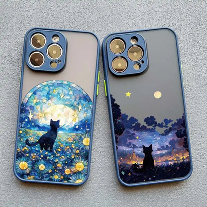 Artistic Black Cat Starry Night Phone Case For iPhone 16 15 14 Shockproof Shells