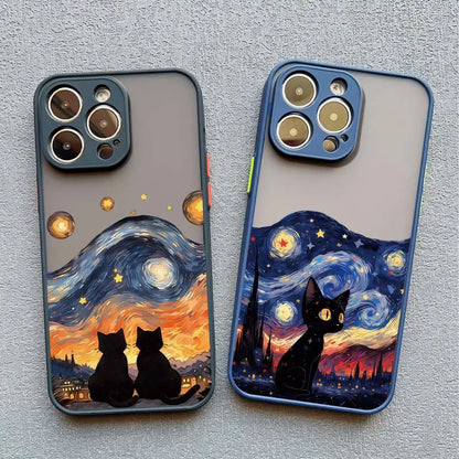 Artistic Black Cat Starry Night Phone Case For iPhone 16 15 14 Shockproof Shells