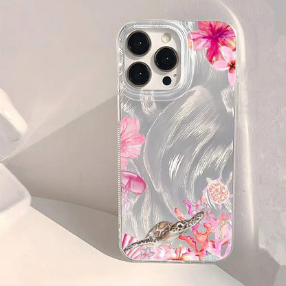 Summer Cool Turtle Pattern Phone Case for iPhone 16 15 14 Chiffon Texture Back Cover