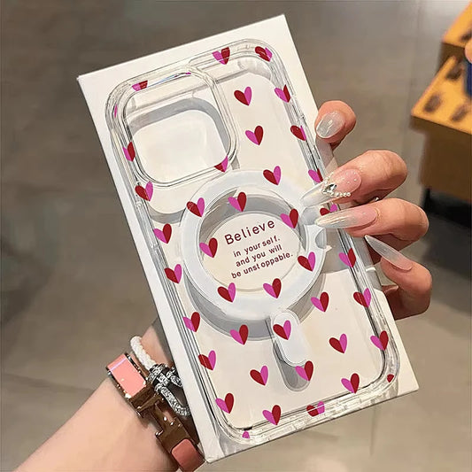 Cute Wine Red Little Love Heart Case For iPhone 17 16 15 Wireless Charge Magnetic Clear Cover