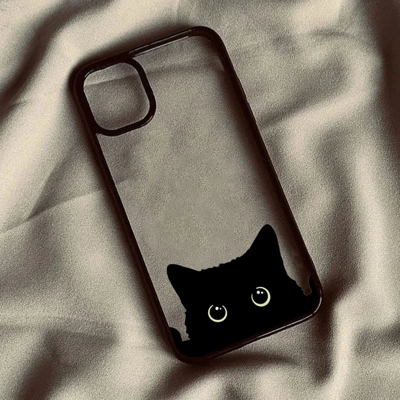 Cute Black Cat Pattern Hard Clear Phone Case For iPhone 16 15 14