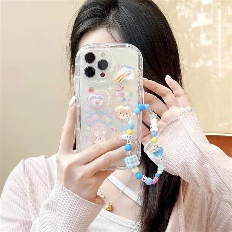 3D Bear Hang Phone Chain Lanyard Clear Soft Case For iPhone 16 15 14