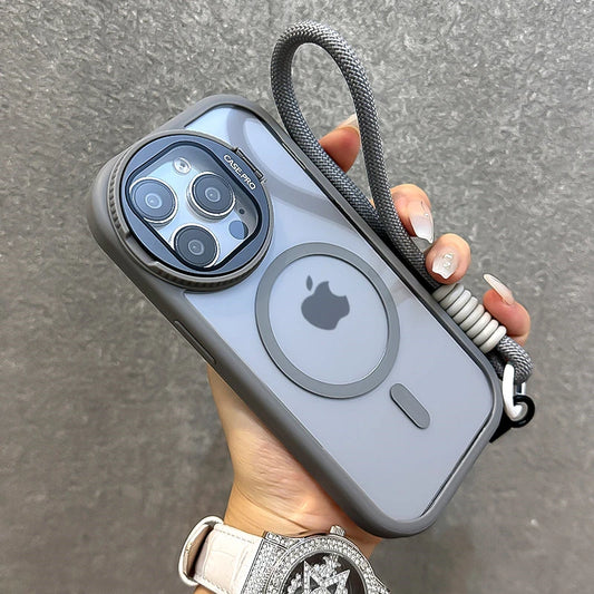 Fold Glass Lens Stand Magnetic Transparent Case For iPhone 16 15 14 Magsafe Wrist Strap Shockproof Cover