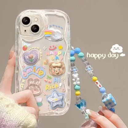 3D Bear Hang Phone Chain Lanyard Clear Soft Case For iPhone 16 15 14