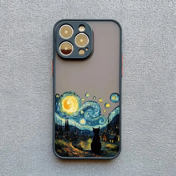 Artistic Black Cat Starry Night Phone Case For iPhone 16 15 14 Shockproof Shells