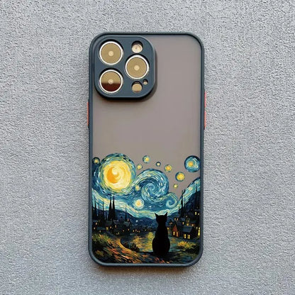Artistic Black Cat Starry Night Phone Case For iPhone 16 15 14 Shockproof Shells