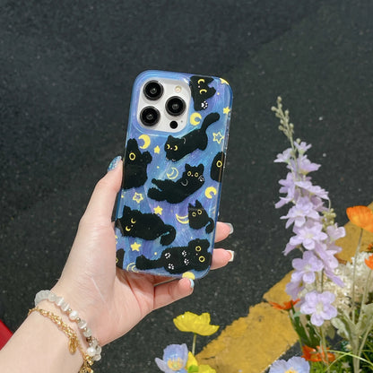 Korean Ins Cute Black Cats Double Layers Wrist Chain Phone Case for iPhone 16 15 14