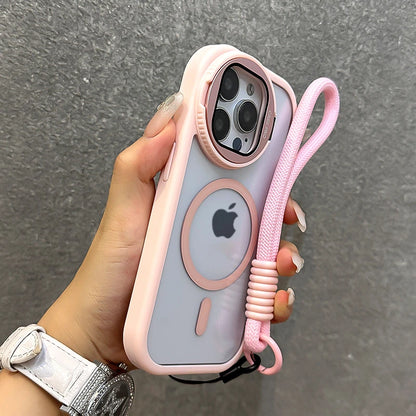 Fold Glass Lens Stand Magnetic Transparent Case For iPhone 16 15 14 Magsafe Wrist Strap Shockproof Cover