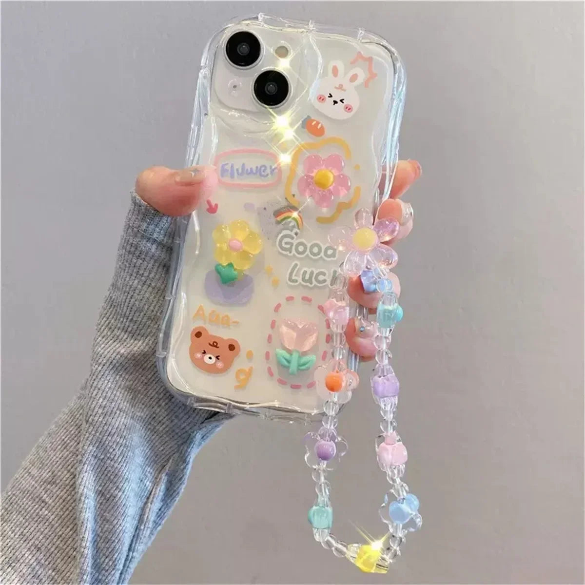 3D Bear Hang Phone Chain Lanyard Clear Soft Case For iPhone 16 15 14