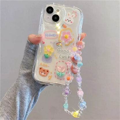 3D Bear Hang Phone Chain Lanyard Clear Soft Case For iPhone 16 15 14