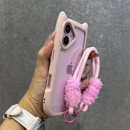 3D Cat Ear Cute Lanyard Magnetic Transparent Case For iPhone 16 15 14 Wristband Clear Magsafe Cover