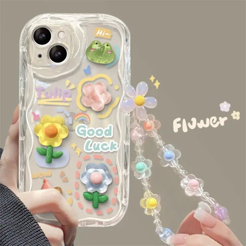Korean 3D Cute Pink Flower Phone Chain Lanyard Case for Iphone 17 16 15