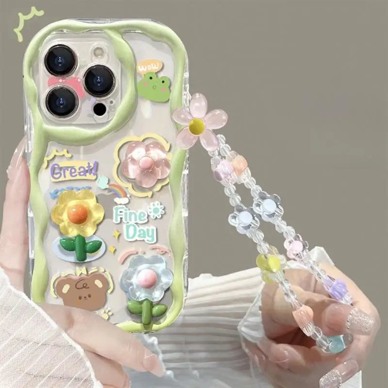 Korean 3D Cute Pink Flower Phone Chain Lanyard Case for Iphone 17 16 15