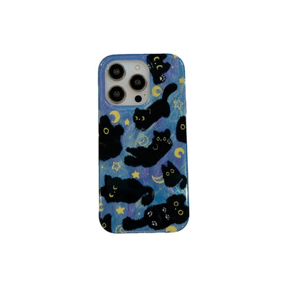 Korean Ins Cute Black Cats Double Layers Wrist Chain Phone Case for iPhone 16 15 14