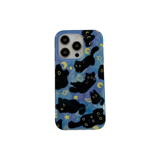 Korean Ins Cute Black Cats Double Layers Wrist Chain Phone Case for iPhone 16 15 14