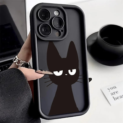 Cute Black Cat Phone Case For iPhone 16 15 14 Candy Color Shockproof Soft Cover