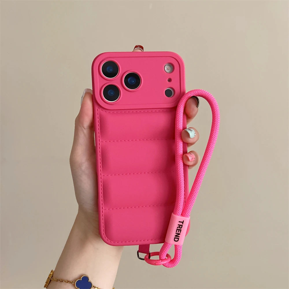 Soft Down Jacket Silicone Case For iPhone 17 Shockproof Camera Protection Wrist Strap Cover
