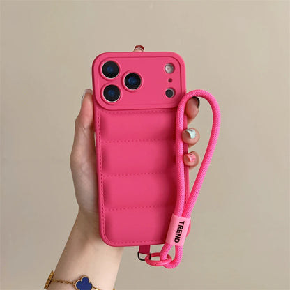 Soft Down Jacket Silicone Case For iPhone 17 Shockproof Camera Protection Wrist Strap Cover