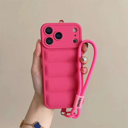 Soft Down Jacket Silicone Case For iPhone 17 Shockproof Camera Protection Wrist Strap Cover