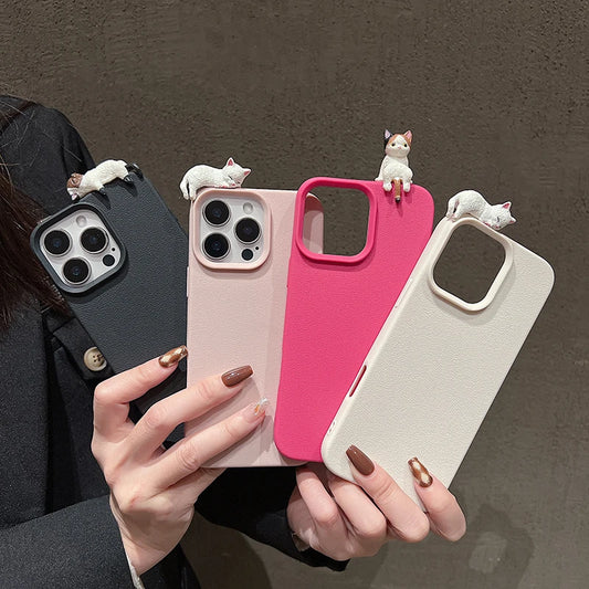 Cute 3D Cartoon Lying Cat Lychee Pattern Leather Phone Case For iPhone 16 15 14 Lovely Soft Cover