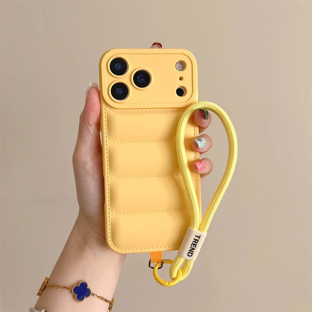 Soft Down Jacket Silicone Case For iPhone 17 Shockproof Camera Protection Wrist Strap Cover