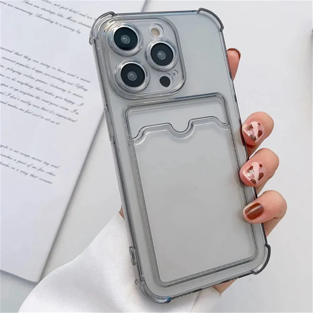 Phone Case For iPhone 16 15 14 Transparent Card Slot Bag Holder Shockproof Wallet Cover